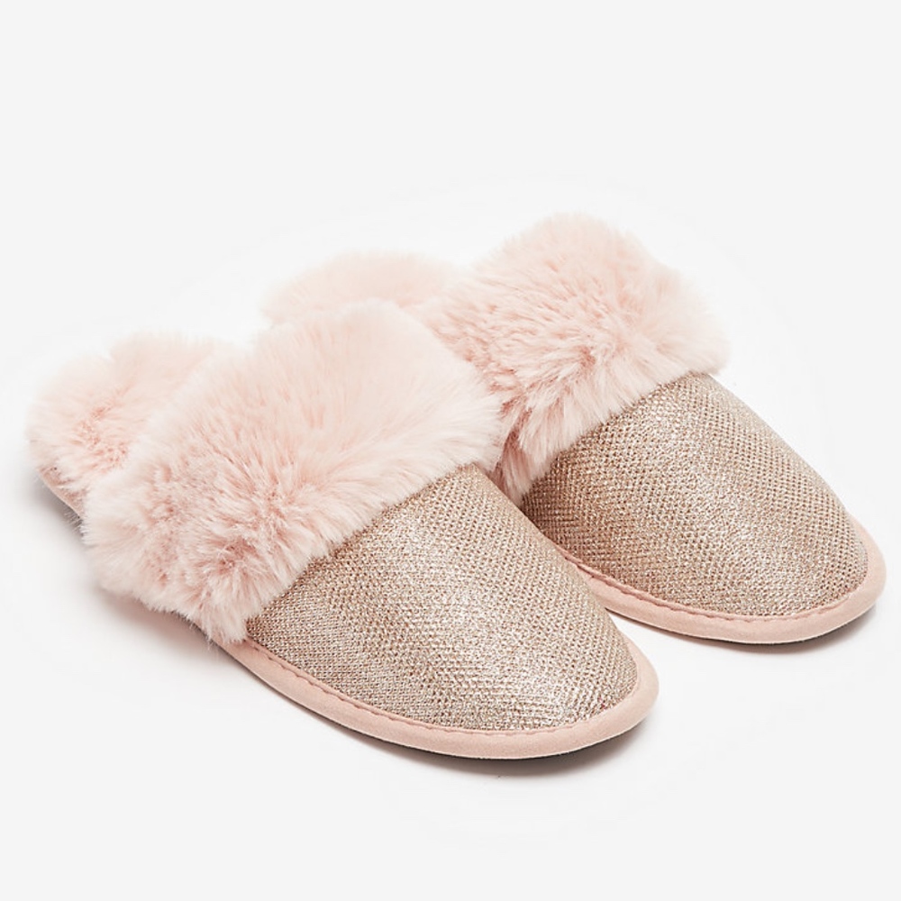 EXPRESS Sparkly Glitter Faux Fur Slippers